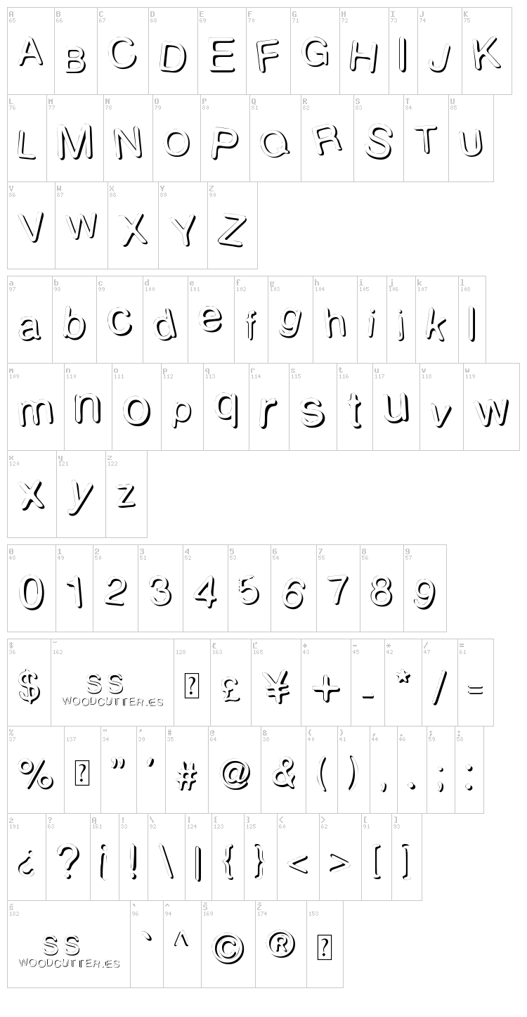 Woodcutter Sutil Shadow font map